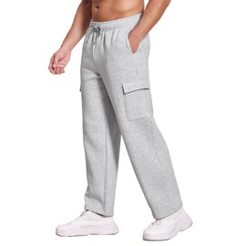 Men's Fleece Cargo Sweatpants Straight Leg Sweat Pants for Mens Wide Leg Joggers Sweatpants Loose Lounge Pants with Pockets Grey