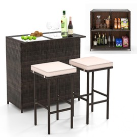 HAPPYGRILL 3 Pieces Patio Bar Set PE Wicker Outdoor Bar Table and Stools Set with Removable Cushions, Tempered Glass Tabletop and Storage Shelves for Porch, Backyard, Garden and Poolside