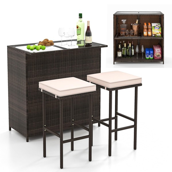 HAPPYGRILL 3 Pieces Patio Bar Set PE Wicker Outdoor Bar