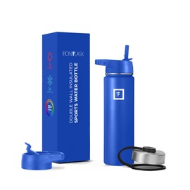 IRON °FLASK Camping & Hiking Hydration Flask, Wide Mouth, 3 Straw Lids, Stainless Steel Outdoor Water Bottle, Double Walled, Insulated Thermos, Metal Canteen - Cobalt, 22 Oz