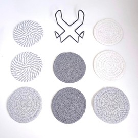 Woven Cotton Coasters with Metal Holder, Set of 8, Round,4 Colors Absorbent Coaster Set for Home Decor Tabletop Protection Suitable for Kinds of Cups (Grey Series)