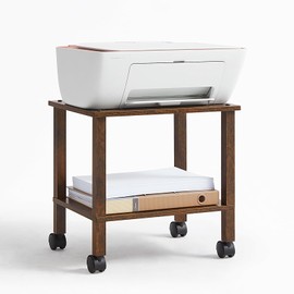 YUFAM 2 Tier Printer Stand with Storage,Under Desk Shelf Printer Table, Rolling Printer Cart for Office,Home,Brown