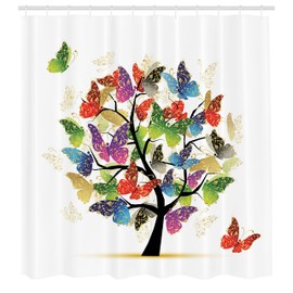 Ambesonne Árbol de la Vida Cortina de Baño, Animales Polilla Árbol, Paño Conjunto de Decoración de Baño de Tela y Ganchos, 84" Extra Alta, Multicolor