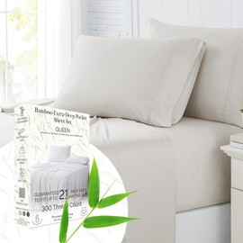 Southshore Fine Living, Inc. Rayon/Viscose Derived from Bamboo Sheets, Queen Size Bed Set, 300 Thread Count Sateen Queen Sheet Set; Extra Deep Pocket Fitted Sheet, Oversized Flat, 2 Pillowcases; Bone