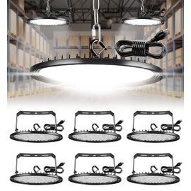UFO LED High Bay Light: 150W 25500LM Led Shop Lights with 5ft Cord & U Bracket for Warehouse Workshop Commercial Use | 110v Warm White 5000k Commercial Lights | Plug & Play | IP65 Waterproof | 6 Pack