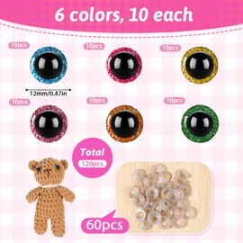 120 PCS Crochet Eyes for Animals, 3D Glitter 12mm Crochet Safety Eyes for Amigurumi with Washers, Stuffed Animal Eye Colored Amigurumi Eye for DIY of Puppet Plush Stuffed Animals