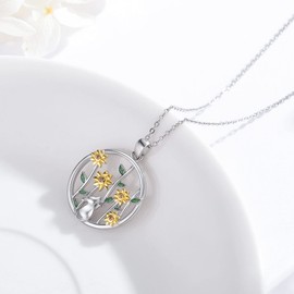 Midir&Etain Sunflower Cat Necklace 925 Sterling Silver Animal Pendant Necklace You Are My Sunshine Sunflower Necklace Cat Jewellery Gifts for Women Girls