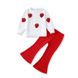 Girls Clothes Size 6 7 Kids Fall Winter Outfit Sweet Long Sleeve Red Strawberry Sweatshirt Ribbed Bell Bottom Pants Clothing Little Girl Outfits