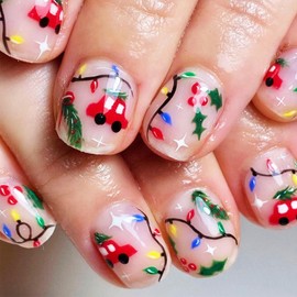 Christmas Holly Press on Nails Red Car Fake Nails 24Pcs Short Square Glossy Rainbow Light Acrylic False Nails Xmas Tree Gel Glue on Nails Black Curve Line Stick on Nails for New Years Gift Women