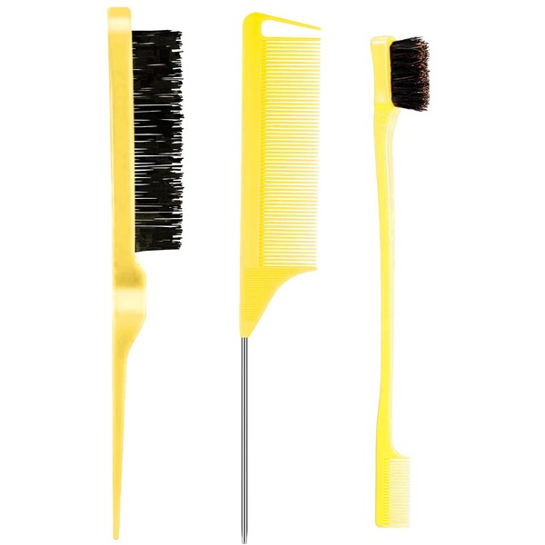 3 Stück Teasing Brush Set Borsten Haarbürste 3 Reihen Teasing Brush Dual Edge Bürste Stabiler Styling Kamm Scheitel Kamm zum Bürsten, Kämmen, Schlicken Haare für Stylisten Frauen (Gelb)