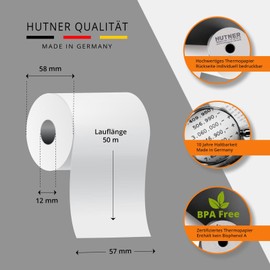 Pack of 50 Thermal Rolls 57 x 50 x 12 mm Diameter 58 mm Length 50 m BPA Free for EC Cash Devices Rolls Thermal Paper Made in Germany HUTNER