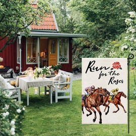 Kentucky Derby Garden Flag 12x18 Inch Burlap Double Sided Outside, The Jockey Run for the Roses Horse Race Yard Outdoor Decoration DF483