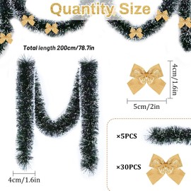 FePen Christmas Tinsel Garland, 10m Shiny Christmas Tree Garland Fluffy Christmas Decoration with Snow and 30 Bows, Ornament for Christmas Decoration, Party Supplies (Gold)