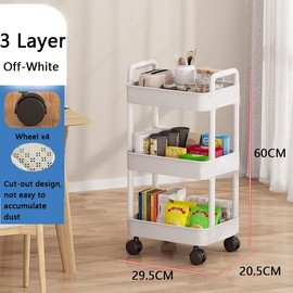 3-Tier Storage Trolley, Plastic Rolling Storage Cart Kitchen Storage Utility Cart Craft Trolley Kitchen Trolley Utility for Office, Kitchen, Laundry, Bathroom, Makeup (Off-White)