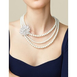 BABEYOND - Collar de perlas Gatsby de los años 20, collar de perlas de novia clásico, conjunto de arete, collar de perlas de imitación de revestimiento múltiple con broche, Perla de imitación