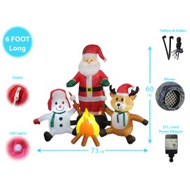 6 Foot Long Christmas Inflatable Santa Claus Snowman Reindeer Trio Campfire Camping Roasting Marshmallows Pre-Lit LED Lights Lighted Blowup Party Decoration Outdoor Indoor Home Garden Family Prop Yard
