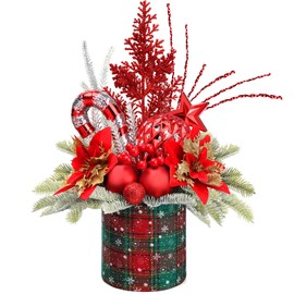 Small Christmas Tree Tabletop Artificial Mini Christmas Tree Decorations with Holiday Ornaments Red Berry Pine Cone Greenery for Home Indoor Fireplace Mantel Xmas Decor (Large-Round-Red)