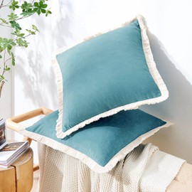 MONDAY MOOSE Decorative Throw Pillow Covers Cushion Cases, Set of 2 Soft Velvet Modern Fringe Tassel Designs, Mix and Match for Home Decor, Pillow Inserts Not Included (Teal Blue, 16x16 inch)