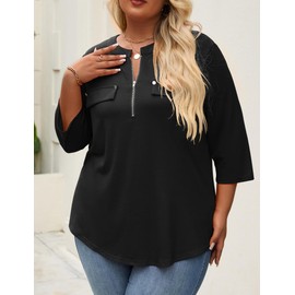 Kancystore Plus Size 3/4 Sleeve Tops for Women Summer V Neck Button Down Loose Fit Henley Shirts Black XXL