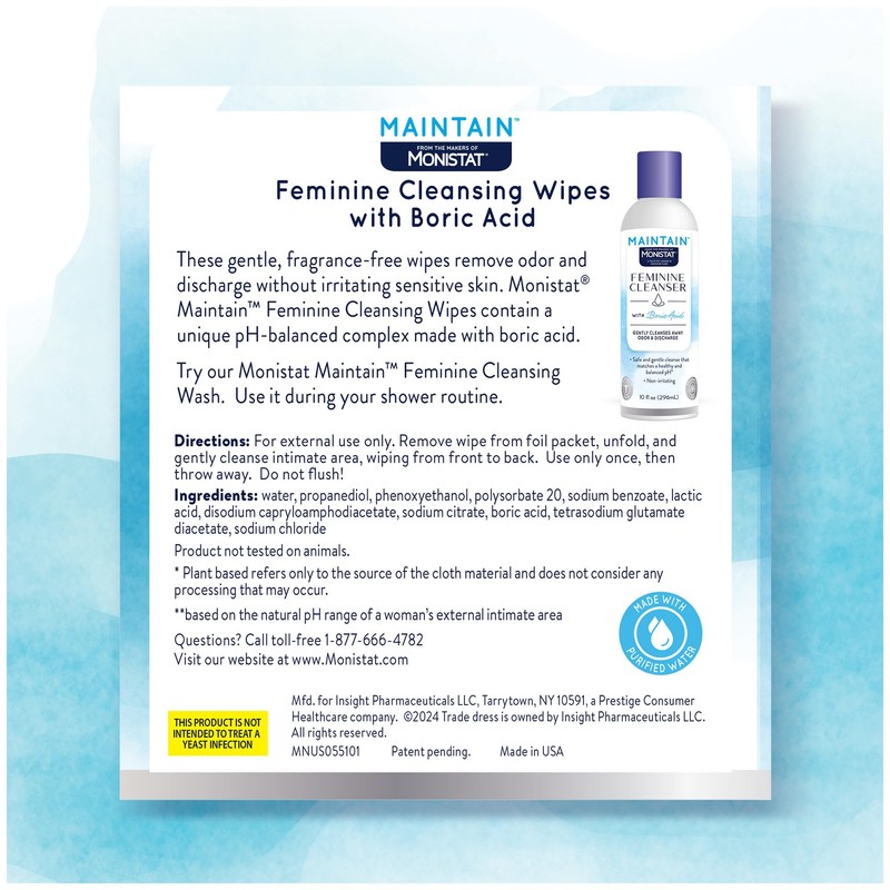 Monistat Maintain Boric Acid Feminine Wipes, Fragrance-Free, Non-Irritating and pH-Balanced