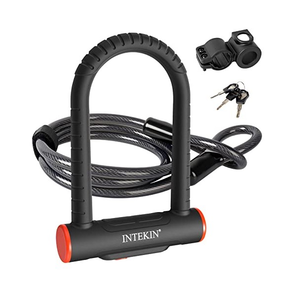 INTEKIN Bike U Lock Heavy Duty Bike Lock Bicycle Lock, 16mm U Lock and 5ft Length Security Cable with Sturdy Mounting Bracket for Bicycle, Motorcycle and More, Black, Small