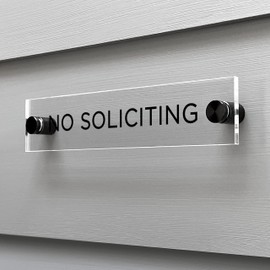Clear Acrylic No Soliciting Sign, Modern Design Door Sign, Minimalist Design, Includes mounting Hardware. 7" X 1.5". Guaranteed not to Yellow! | Black Text