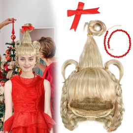 nezababy Christmas Blonde Wig with Red Bow and Necklace, Girls and Women, Blonde Braided Hair, Christmas Costume, Wig Accessory (3 Pieces Christmas Blonde Wig)