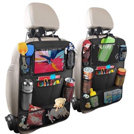 PHOUQEE Car Backseat Organizer with 10" Tablet Holder, 2 Pack Seat Back Kick Protector for Kids Travel Essentials - Universal Fit for Cars, SUVs, and Trucks - Durable 600D Oxford Fabric