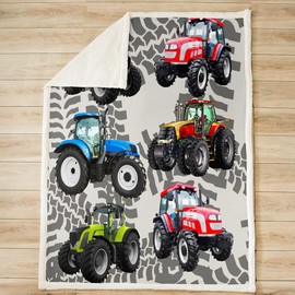 Loussiesd Tractors Plush Blanket Boys Cartoon Construction Tractor Sherpa Blanket Kids Vehicles Truck Car Throw Blanket Teens Red Blue Green Cars Fuzzy Blanket for Sofa Bed,Single 50x60 Inch
