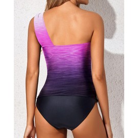 Tempt Me Purple Gradient Two Piece Tankini Bathing Suits for Women One Shoulder Swim Top with Bottom Swimsuits M