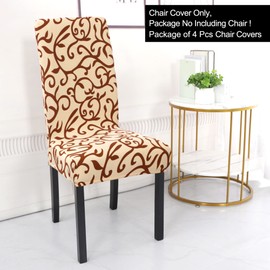 PiccoCasa 4pcs Stretch Dining Room Chair Cover Removable Washable Floral Printing Chair Slipcover for Kitchen Living Room Champagne and Coffee Color