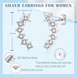 Zolkamery Silver Studs Earrings for Women, 925 Sterling Silver Star Stud Earrings with Zirconia, 15mm Small Studs Earring, Hypoallergenic Cartilage Sleeper Ear Stud Earring, Gifts for Girls Ladies