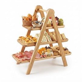 3 Tier Foldable Cupcake Stand, Rectangle Wooden Serving Tray, Farmhouse Dessert Display for Party Wedding Tea Charcuterie, Pine Wood Tiered Serving Platters