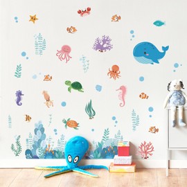 Supzone Under The Sea Wall Decals Ocean Creatures Wall Stickers Dolphin Turtle Ocean Grass Colorful Sea Life Wall Art Sticker for Kids Baby Nursery Bedroom Playroom Bathroom Wall Decor