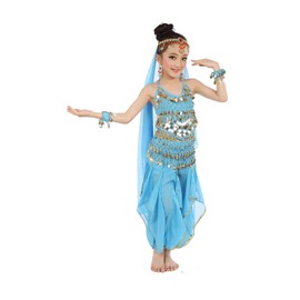 Cielary - Conjunto de disfraz de danza del vientre para niños y niñas, conjunto de disfraz de harén con cadena de velo de cabeza, cintura y pulseras, color azul lago M