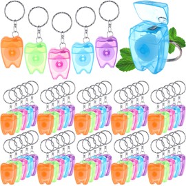 Landical 50 Pcs Mini Dental Floss Keychain Bulk Tooth Shaped Portable Teeth Floss Cleaning for Homeless Party Favors Travel Donated Gifts Teeth Cleaning Oral Care Mint Flavor 15 M /16.4 Yard
