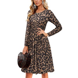 KILIG Womens Casual Long Sleeve Dresses Button Swing Knee Length Dress with Pockets(D22-Leopard, Small)