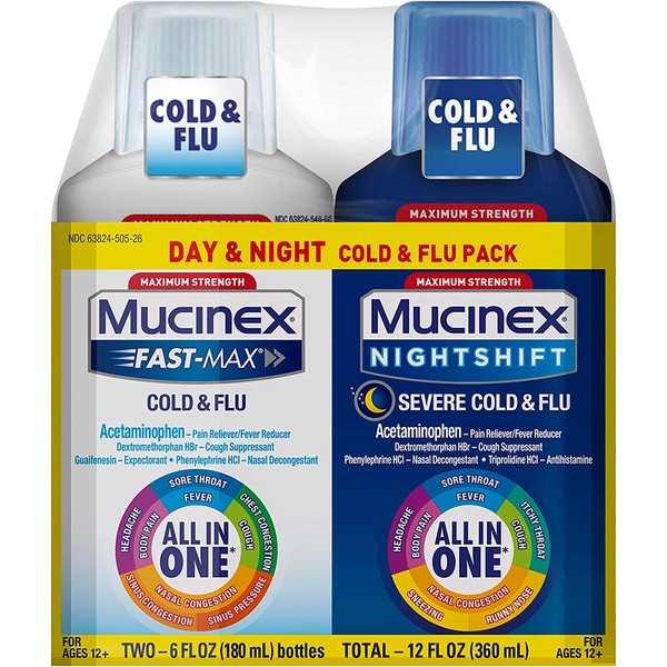 Mucinex Maximum Strength Fast-Max Cold & Flu and Nightshift, All-in-One Multi Symptom Relief Liquid, 6 Fl Oz (Pack of 2)