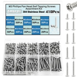 Zmbroll M3 Pan Head Self-Tapping Wood Screws,410Pcs Silver Wood Screw,Round Head Self Tapper Metal Fasteners,Mini 304 Stainless Steel Electronic Screws Coarse Threaded Sharp Point Fastener