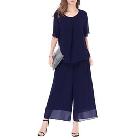 Women's 2 Piece Chiffon Sets Outfits Flowy Summer Casual Dressy Pantsuits Double Layers Blouse Capris Pants Suits Blue Navy