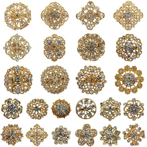 Lucky Monet Lote de 24 broches de vidrio de diamantes de imitación mixtos de aleación de oro, clásico, juego de broches para ramo de boda, fiesta, regalo, manualidades