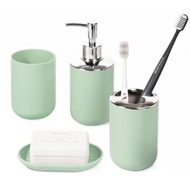 Bathroom Accessory Set, 4 Pcs Plastic Bathroom Set Include Soap Dispenser, Soap Dish, Toothbrush Holder, Mousewash Cup, Modern Bahtroom Décor Set, Space Save for Bathroom(Cute Green)