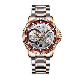 GLENAW Men's Flywheel Automatic Watch Men's Skeleton Watch Men's Waterproof Watch Steel Band Skeleton Self-Winding Mechanical Watch (8859-GOLD RED)