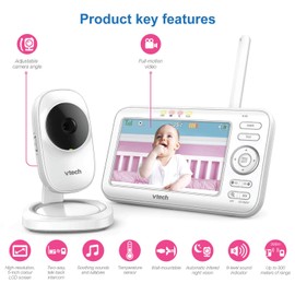 VTech LM808-1W Baby Monitor with Camera,300m Long Range, Auto Night Vision, Video Baby Monitor with 5" Screen, 2-Way Audio Talk, Temperature Sensor, Power Saving Mode, Lullabies,Wall-mountable Bracket