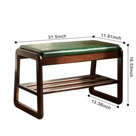 Solid Wood Shoe Bench, 2-Tier Wooden Storage Entryway Bench, Mid-Century Modern Shoe Bench Rack, End of Bed Bench with Faux Leather Cushion, Ottoman Bench for Hallway, Living Room (Walnut, 31.5'')