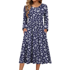 Zeagoo Fall Dress Long Sleeve Midi Dresses Casual Crewneck Pleated A Line Flowy Party Dresses