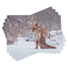 Ambesonne Fox Place Mats Set of 8, Countryside Snow Landscape Furry Wild Animal Hunting Vulpine Cold Winter Print, Washable Fabric Placemats for Dining Table, Placemat 8 pcs, Redwood White