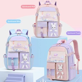 Myyunhx Kids Backpacks for Girls Kawaii Quicksand Refrigerator Door Girls Backpack School Bags for Girls Bunny School Bag (Purple)