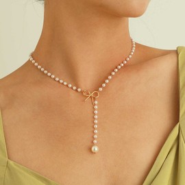 Vacaonio Gold Pearl Y Necklace Chain Bow Knot Necklace Choker Pearl Beaded Chain Choker Necklace Pearl Y Drop Lariat Necklace Chain Jewelry for Women