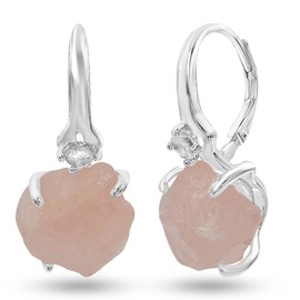 Real Raw Rose Quartz Crystal Drop Earrings Real Gold Birthstone gift for her Anniversary Christmas Mothers day Birthday Gift, Uniquelan Jewelry (rose-quartz, white-gold)